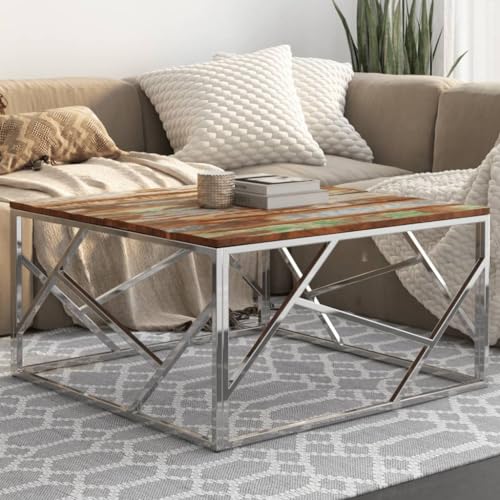 Qnhdfrt Couchtisch Beistelltisch aus Altholz Massiv und Edelstahl Silbern 80 x 80 x 40 cm Moderner Wohnzimmertisch für Sofa Couch Qnhdfrt Couchtisch Beistelltisch aus Altholz Massiv und Edelstahl Silbern 80 x 80 x 40 cm Moderner Wohnzimmertisch für Sofa Couch von Qnhdfrt