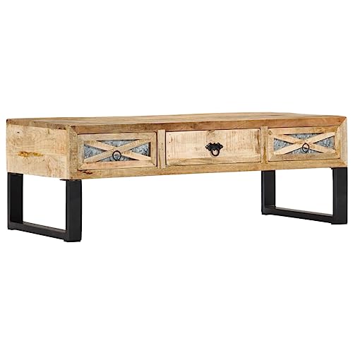 Qnhdfrt Couchtisch Beistelltisch aus Massivholz Mango und Stahl mit 3 Schubladen Rustikales Design 110x50x38 cm Naturfarben Schwarz für Wohnzimmer Couch Bereich von Qnhdfrt