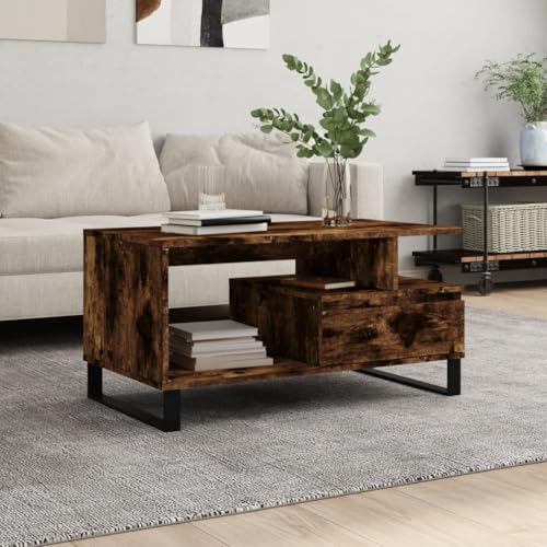 Qnhdfrt Couchtisch Beistelltisch mit Schublade in Räuchereiche Holzwerkstoff und Metall Modern Elegant 90x49x45 cm für Wohnzimmer Couch Bereich Stauraum Qnhdfrt Couchtisch Beistelltisch mit Schublade in Räuchereiche Holzwerkstoff und Metall Modern Elegant 90x49x45 cm für Wohnzimmer Couch Bereich Stauraum von Qnhdfrt