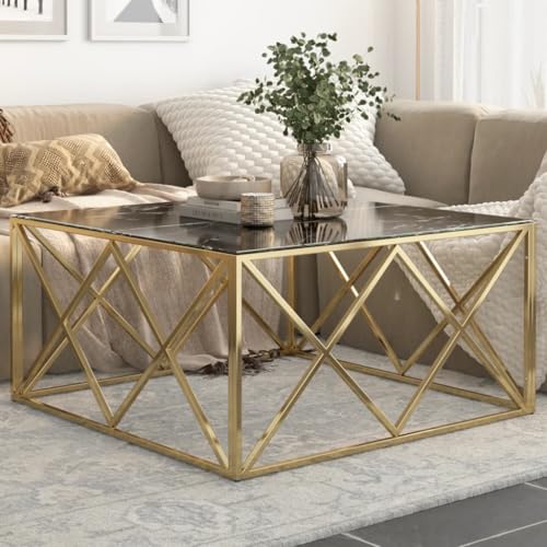 Qnhdfrt Couchtisch Golden Edelstahl Schwarz Hartglas Marmor-Optik 100x100x50 cm Moderner Beistelltisch für Wohnzimmer mit Robustem Gestell Qnhdfrt Couchtisch Golden Edelstahl Schwarz Hartglas Marmor-Optik 100x100x50 cm Moderner Beistelltisch für Wohnzimmer mit Robustem Gestell von Qnhdfrt