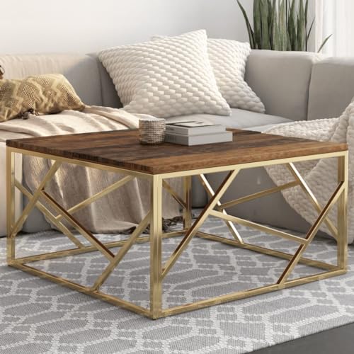 Qnhdfrt Couchtisch Golden Edelstahl und Massivholz 80x80x40 cm Moderner Beistelltisch für Wohnzimmer Schlafzimmer Flur mit Robuster Stabilität und Pflegeleichter Oberfläche von Qnhdfrt