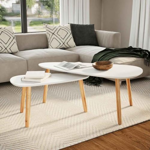 Qnhdfrt Couchtisch Set aus Massivholz Kiefer Weiß 2er Set mit MDF-Platten Skandinavisches Design Beistelltische für Wohnzimmer Couch (100x50x40 cm & 70x34,5x35 cm) von Qnhdfrt