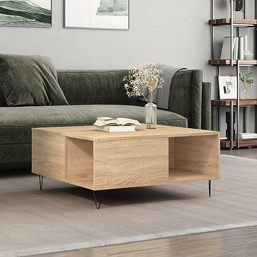 Qnhdfrt Couchtisch Sonoma-Eiche aus Holzwerkstoff mit Metallbeinen 80x80x36,5 cm, stilvoller Beistelltisch mit praktischem Stauraum für Wohnzimmer von Qnhdfrt