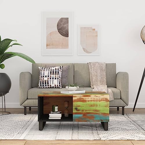 Qnhdfrt Couchtisch aus Altholz Massiv mit Holzwerkstoff 80x50x40 cm Klein mit 2 Fächern und Tür für Stauraum, Einzigartiges Vintage-Design für Wohnzimmer oder Schlafzimmer von Qnhdfrt