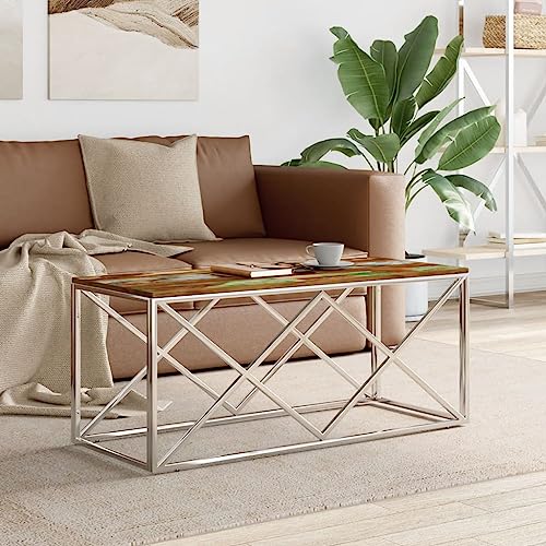 Qnhdfrt Couchtisch aus Edelstahl und Massivem Altholz Beistelltisch Wohnzimmertisch 110x45x45 cm Silber Rahmen Einzigartiges Vintage Design für Couch Tisch im Wohnbereich Schlafzimmer Qnhdfrt Couchtisch aus Edelstahl und Massivem Altholz Beistelltisch Wohnzimmertisch 110x45x45 cm Silber Rahmen Einzigartiges Vintage Design für Couch Tisch im Wohnbereich Schlafzimmer von Qnhdfrt