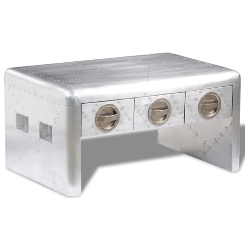 Qnhdfrt Couchtisch mit 3 Schubladen Vintage Flugzeug-Design Massivholz mit Alublech 80x50x40 cm Beistelltisch für Wohnzimmer Schlafzimmer Flur von Qnhdfrt
