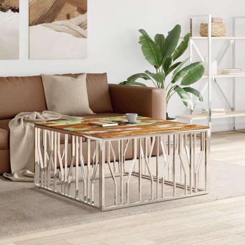 Qnhdfrt Couchtisch mit Edelstahlgestell und Massivem Altholz Silber Modernes Design Robust Stabiles Beistelltisch für Wohnzimmer Abmessungen 100x100x50 cm Qnhdfrt Couchtisch mit Edelstahlgestell und Massivem Altholz Silber Modernes Design Robust Stabiles Beistelltisch für Wohnzimmer Abmessungen 100x100x50 cm von Qnhdfrt