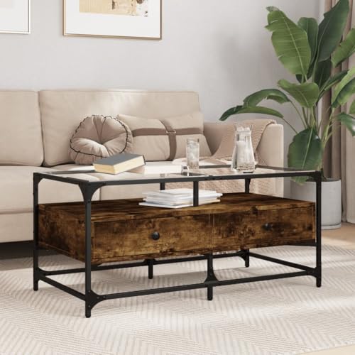 Qnhdfrt Couchtisch mit Glasplatte Räuchereiche 98.5x50x45 cm Stahlgestell Beistelltisch für Wohnzimmer Moderner Wohnzimmertisch mit Stauraum Qnhdfrt Couchtisch mit Glasplatte Räuchereiche 98.5x50x45 cm Stahlgestell Beistelltisch für Wohnzimmer Moderner Wohnzimmertisch mit Stauraum von Qnhdfrt