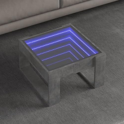 Qnhdfrt Couchtisch mit Infinity LED Spiegel Betongrau 50x53x30 cm Holzwerkstoff Glas RGB Beleuchtung für Wohnzimmer Schlafzimmer Beistelltisch von Qnhdfrt
