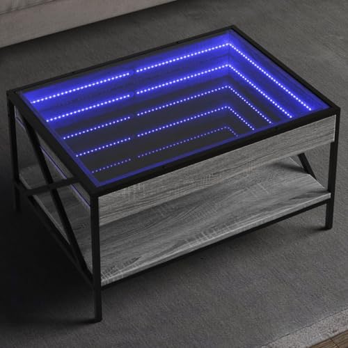 Qnhdfrt Couchtisch mit Infinity LED Spiegel Grau Sonoma 70x50x38 cm Robuster Beistelltisch mit RGB Beleuchtung für Wohnzimmer Schlafzimmer von Qnhdfrt