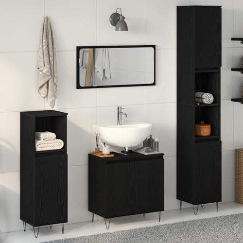 Qnhdfrt Dreiteiliges Badezimmermöbelset Schwarze Eiche Holzwerkstoff Matt Modern Platzsparend für Kleine Badezimmer 3-teiliger Schrank Set von Qnhdfrt