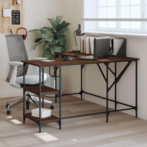 Qnhdfrt Eck Schreibtisch Computertisch Braun Eichen-Optik 139x139x75 cm L-Form mit Regal Verstellbare Beine Metallrahmen für Büro Jugendzimmer Homeoffice von Qnhdfrt