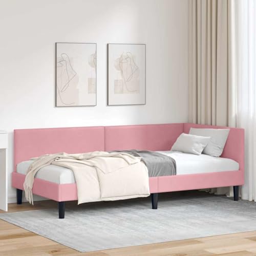 Qnhdfrt Eckbettgestell Rosa 100x200 cm Samt Modernes Bettrahmen mit verstellbarem Kopfteil Robustes Engineered Holz für Jugendzimmer Gästezimmer und Home Bedroom von Qnhdfrt