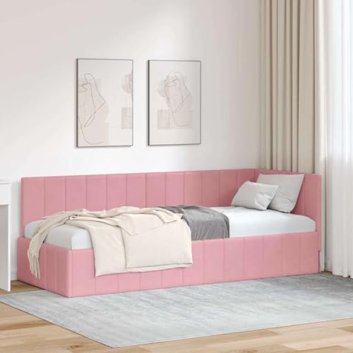 Qnhdfrt Eckbettgestell Rosa Samt 80 x 200 cm Modernes Single Bed Rahmen mit Kopfteil Lattenrost für Jugendzimmer Gästezimmer Schlafzimmer von Qnhdfrt
