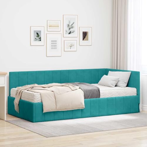 Qnhdfrt Eckbettgestell Samt Türkis 90x190 cm mit Lattenrost & Matratze Modernes Design Robust und Langlebig für Schlafzimmer Jugendzimmer und Gästebett von Qnhdfrt