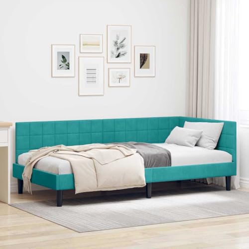Qnhdfrt Eckbettgestell Türkis 90x190 cm Samt Modernes Design Robustes Sperrholz Rahmen mit Wandmontiertem Headboard Platzsparendes Bett für Schlafzimmer Jugendzimmer und Gästezimmer von Qnhdfrt
