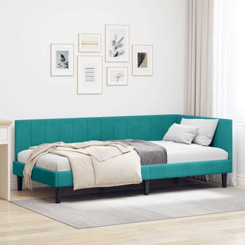 Qnhdfrt Eckbettgestell Türkis 90x200 cm Samt Kopfteil Modernes Design Robuste Holzrahmen mit Lattenrost Langlebig Single Bed Frame für Schlafzimmer Gästezimmer Jugendzimmer von Qnhdfrt