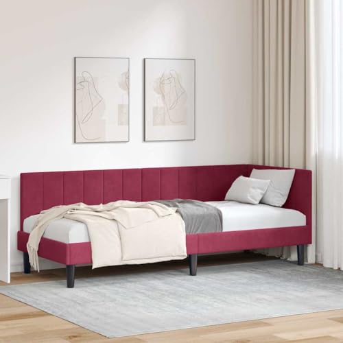 Qnhdfrt Eckbettgestell Weinrot 80 x 200 cm Samt Headboard Modernes Design Robuster Holzrahmen mit Lattenrost für Schlafzimmer Jugendzimmer von Qnhdfrt