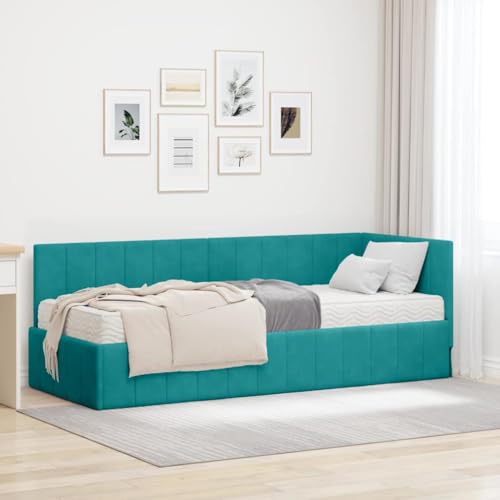 Qnhdfrt Eckbettgestell mit Matratze Türkis 80x200 cm Samt Headboard Holzrahmen Modernes Design Robust & Langlebig für Schlafzimmer und Gästezimmer von Qnhdfrt