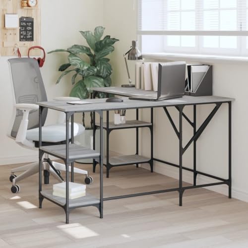 Qnhdfrt Eckschreibtisch Grau Sonoma L-Form 139x139x75 cm Holzwerkstoff Metall Computertisch mit Regal Verstellbaren Beinen für Büro Homeoffice von Qnhdfrt