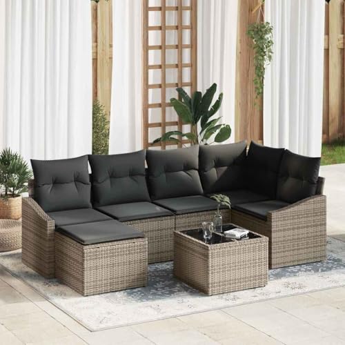 Qnhdfrt Ecksofa Set 7 TLG Grau Outdoor Gartenmöbel aus Poly Rattan mit Kissen Modular für Terrasse Balkon von Qnhdfrt