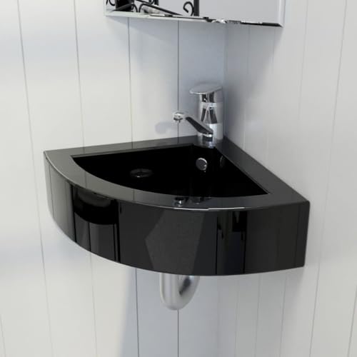 Qnhdfrt Eckwaschbecken Schwarz 45 x 32 x 12,5 cm Modernes Keramik Waschbecken mit Überlauf und Hochglanz Finish für Badezimmer Gäste WC und Schminkraum von Qnhdfrt