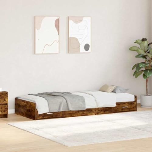 Qnhdfrt Einzelbett 80x200 cm aus Holzwerkstoff Geräucherte Eiche mit 2 Schubladen Modernes Stauraum Bettgestell für kleine Schlafzimmer Gästezimmer und Jugendzimmer von Qnhdfrt