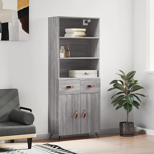 Qnhdfrt Elegantes Highboard Grau Sonoma Schrank aus Holzwerkstoff mit Metallfüßen 69,5x34x180 cm für stilvolle Aufbewahrung im Wohnzimmer, Flur oder als Sideboard von Qnhdfrt