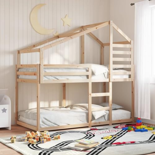 Qnhdfrt Etagenbett mit Dach aus massivem Kiefernholz 90x200 cm Sicheres Design mit Leitplanken und Sperrholzlatten Platzsparendes Kinderbett für kleine Räume von Qnhdfrt