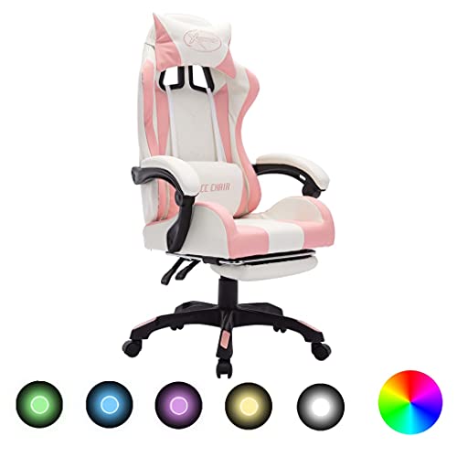 Qnhdfrt Gaming Stuhl Rosa Weiß mit RGB LED Beleuchtung Höhenverstellbarer Bürostuhl mit Fußstütze und Neigemechanismus Kunstleder Gaming Chair für Home Office und Schlafzimmer von Qnhdfrt