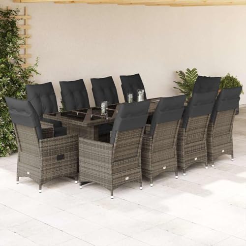 Qnhdfrt Garten Bistro Set 11 TLG. Grau PE Rattan Balkonmöbel Set mit Kissen Verstellbare Relaxsessel und Glas Tisch für Terrasse Garten Balkon von Qnhdfrt
