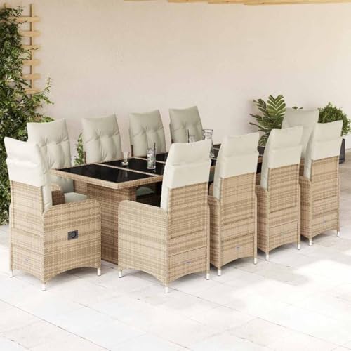Qnhdfrt Garten Bistro Set 11 teilig Beige PE Rattan mit Kissen und Glas Tisch für Balkon Garten Terrasse von Qnhdfrt