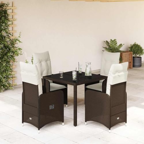 Qnhdfrt Garten Bistro Set 5 TLG Braun mit Kissen Poly Rattan PE Geflecht verstellbare Rückenlehne & Glas Tischplatte für Balkon Terrasse Garten von Qnhdfrt