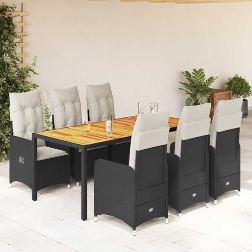 Qnhdfrt Garten Bistro Set 6 Stühle mit Tisch PE Rattan Schwarz Akazienholz Tischplatte Verstellbare Lounge Sitzgruppe für Terrasse Balkon und Garten von Qnhdfrt
