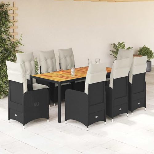 Qnhdfrt Garten Bistro Set 9 teilig Schwarz PE Rattan mit Kissen verstellbare Relaxsessel und Akazienholz Tisch für Terrasse Balkon Garten von Qnhdfrt
