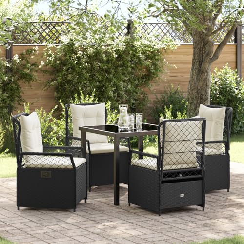 Qnhdfrt Garten-Dining-Set 5-teilig Schwarz Rechteckig aus robustem Poly-Rattan mit pulverbeschichtetem Stahlrahmen für Terrasse Balkon und Garten inklusive 4 Stühlen und Tisch mit bequemen Kissen von Qnhdfrt
