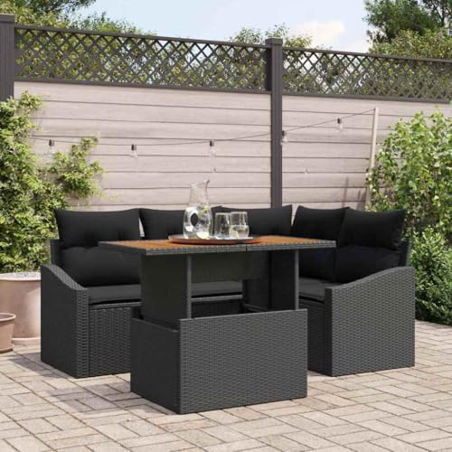Qnhdfrt Garten Dining Set Schwarz 5-teiliges Outdoor-Sofa Set aus Poly-Rattan mit Stauraum und Kissen, Modernes Design für Garten, Terrasse und Balkon von Qnhdfrt