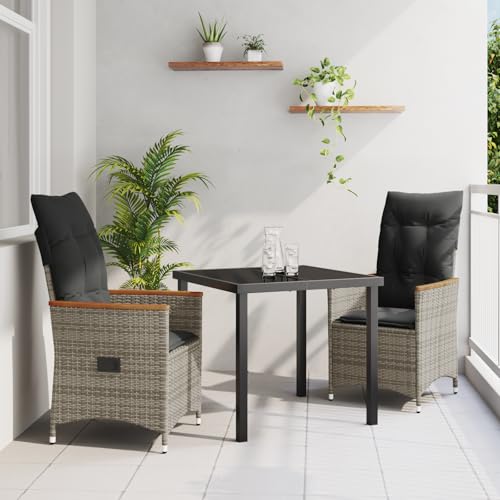 Qnhdfrt Garten-ESS-Set 3-teilig Grau mit Kissen, Synthetisches Poly-Rattan Outdoor Lounge Möbel für Balkon und Terrasse, Verstellbare Liegestühle mit Robustem Stahlrahmen von Qnhdfrt