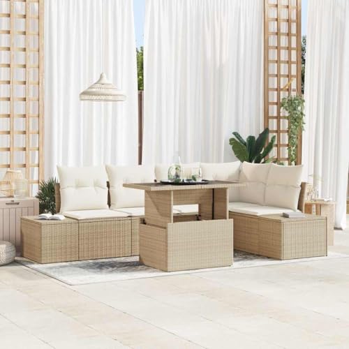 Qnhdfrt Garten Ecksofa Set 6-teilig mit Kissen Beige Poly-Rattan Modernes Design UV-beständig Stauraum für Terrasse Garten und Balkon von Qnhdfrt