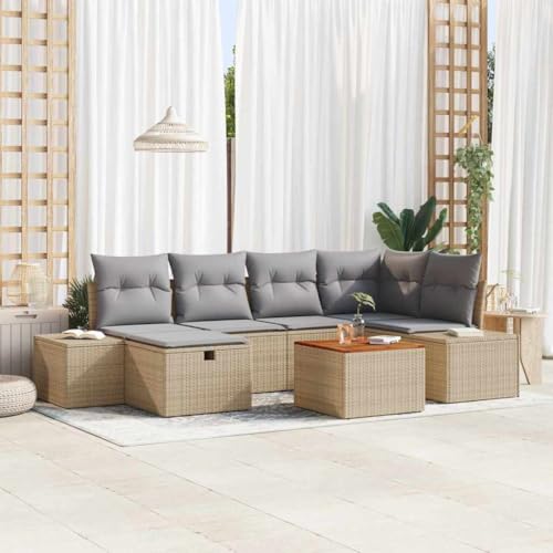 Qnhdfrt Garten Ecksofa Set 7 teilig Beige Poly Rattan mit Stauraum und Kissen für 6 Personen Modernes Design Langlebiges Material Sitzgruppe Outdoor von Qnhdfrt