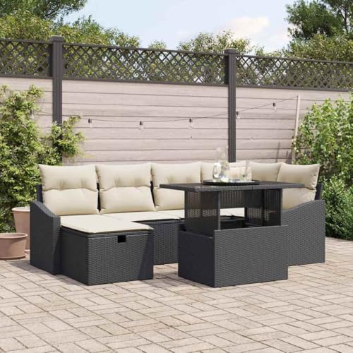 Qnhdfrt Garten Ecksofa Set 7 teilig aus Poly Rattan Schwarz mit Beigen Kissen für Garten Terrasse und Balkon Modernes Design mit Stauraum Qnhdfrt Garten Ecksofa Set 7 teilig aus Poly Rattan Schwarz mit Beigen Kissen für Garten Terrasse und Balkon Modernes Design mit Stauraum von Qnhdfrt