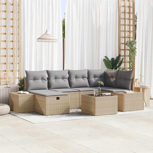 Qnhdfrt Garten Ecksofa Set 7 teilig mit Kissen Beige Poly Rattan Modernes Design Wetterbeständig und Robust für Terrasse Garten und Balkon von Qnhdfrt