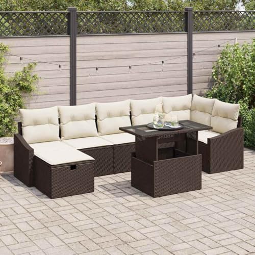 Qnhdfrt Garten Ecksofa Set Braun Poly Rattan 8 teilig mit Kissen Stauraum und Tisch Modernes Design für Balkon Terrasse Garten von Qnhdfrt