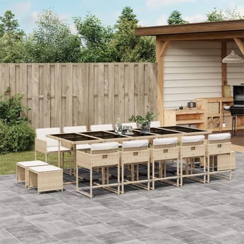 Qnhdfrt Garten Essgruppe 10 Stühle 4 Hocker mit Kissen PE Rattan Klappbar Outdoor Sitzgruppe Beige Tisch Glasplatte für Garten Balkon Terrasse von Qnhdfrt