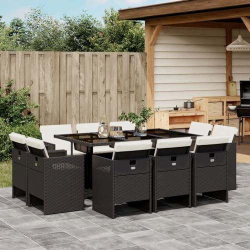 Qnhdfrt Garten Essgruppe 10 Stühle Set Schwarz PE Rattan Outdoor Esstisch mit Glasplatte und Cremeweißen Kissen für Garten Terrasse Balkon von Qnhdfrt