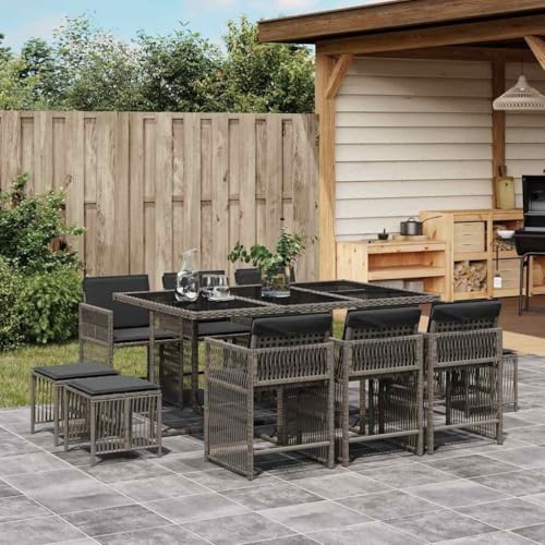 Qnhdfrt Garten Essgruppe 11 teilig Grau PE Rattan mit Kissen Klappbare Stühle und Hocker für Terrasse Balkon Garten von Qnhdfrt
