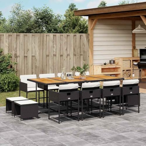 Qnhdfrt Garten Essgruppe 13 TLG Schwarz PE Rattan mit Akazienholz Tischplatte Klappbare Stühle und Hocker für Terrasse Balkon Garten von Qnhdfrt