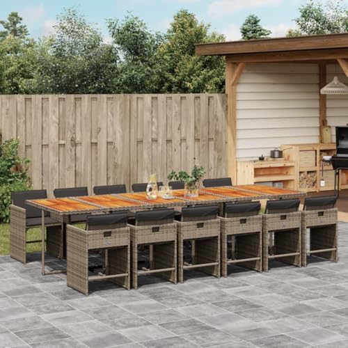 Qnhdfrt Garten Essgruppe 13 TLG. Set mit Akazienholz Tisch und 12 Stühlen Grau PE Rattan Outdoor Möbel für Terrasse Garten Balkon von Qnhdfrt