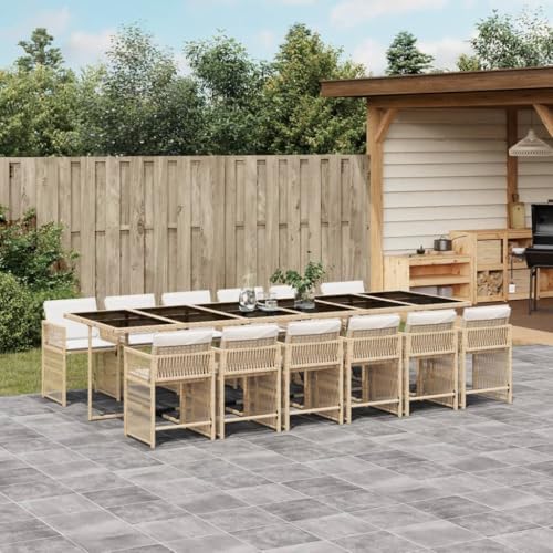 Qnhdfrt Garten Essgruppe 13 teilig Beige PE Rattan mit Klappbaren Stühlen und Glas Tischplatte für Terrasse Garten und Balkon von Qnhdfrt