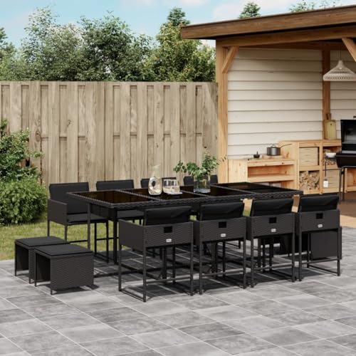 Qnhdfrt Garten Essgruppe 13 teilig Schwarz PE Rattan mit Glasplatte Klappbare Stühle und Hocker für Terrasse Garten und Balkon von Qnhdfrt